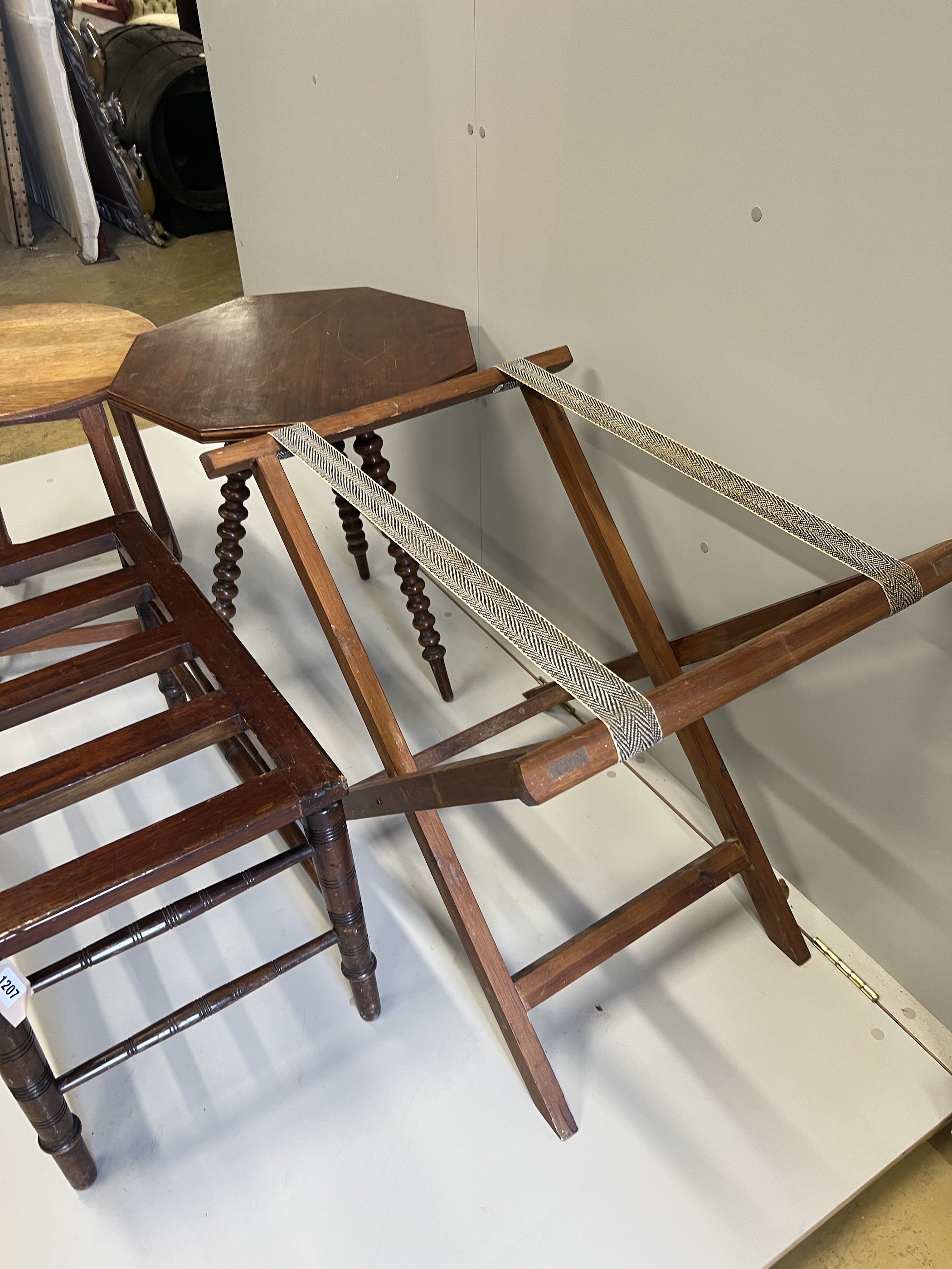 A late Victorian mahogany luggage rack, an octagonal occasional table, a circular oak table, butler's tray stand and an elbow chair